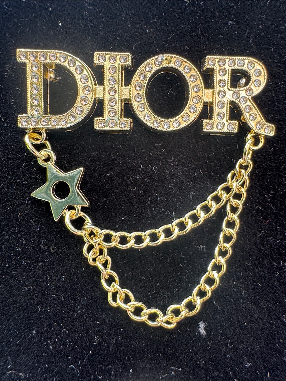 Dior Gold Crystal-Embellished Logo Chain Brooch with Star Charm